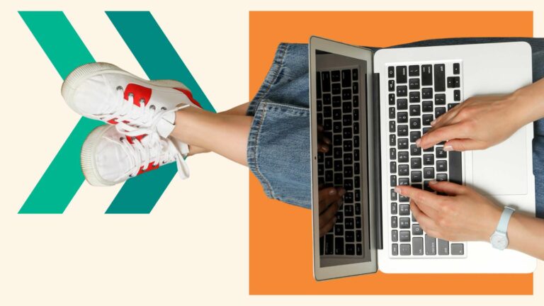 A web copywriter sits crosslegged over a background of orange squares and chevrons in The UX Copywriter brand style. They're typing on a keyboard and only their legs and hands are visible.