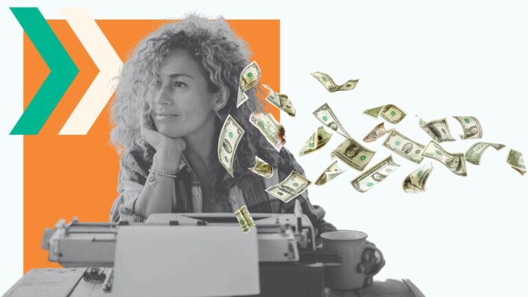 Woman with curly hair sits behind a typewriter and ponders "what is freelance copywriting?" while money blows towards her from the right.