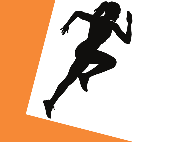 silhouette of woman sprinting against geometric orange and white background