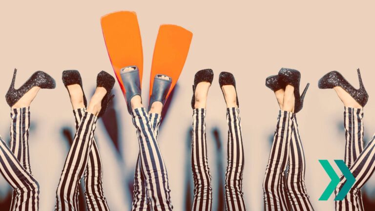A row of legs sticking up in the air with black sparkly high heels on. One pair dares to wear orange flippers illustrating how copywriting niches help you stand out.